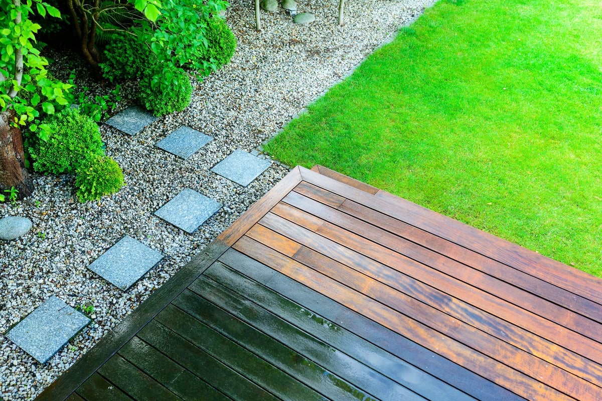 Freshly pressure-washed deck restoration